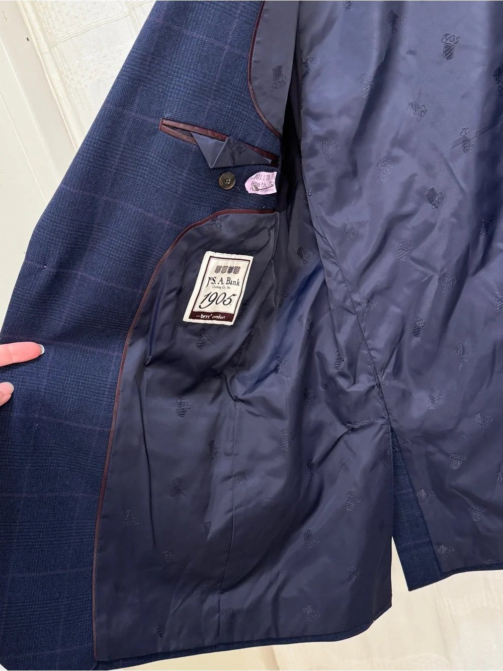 Jos A Bank brrr Comfort Glen Plaid Navy Blue Sport Coat 42L Blazer Tailored Fit